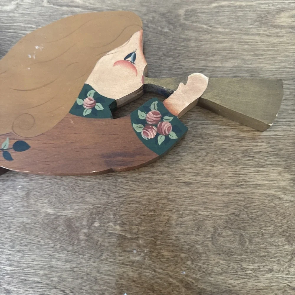 Flying Girl Trumpet Hand Crafted Painted on Wood Wall Hanging, 21 1/4
